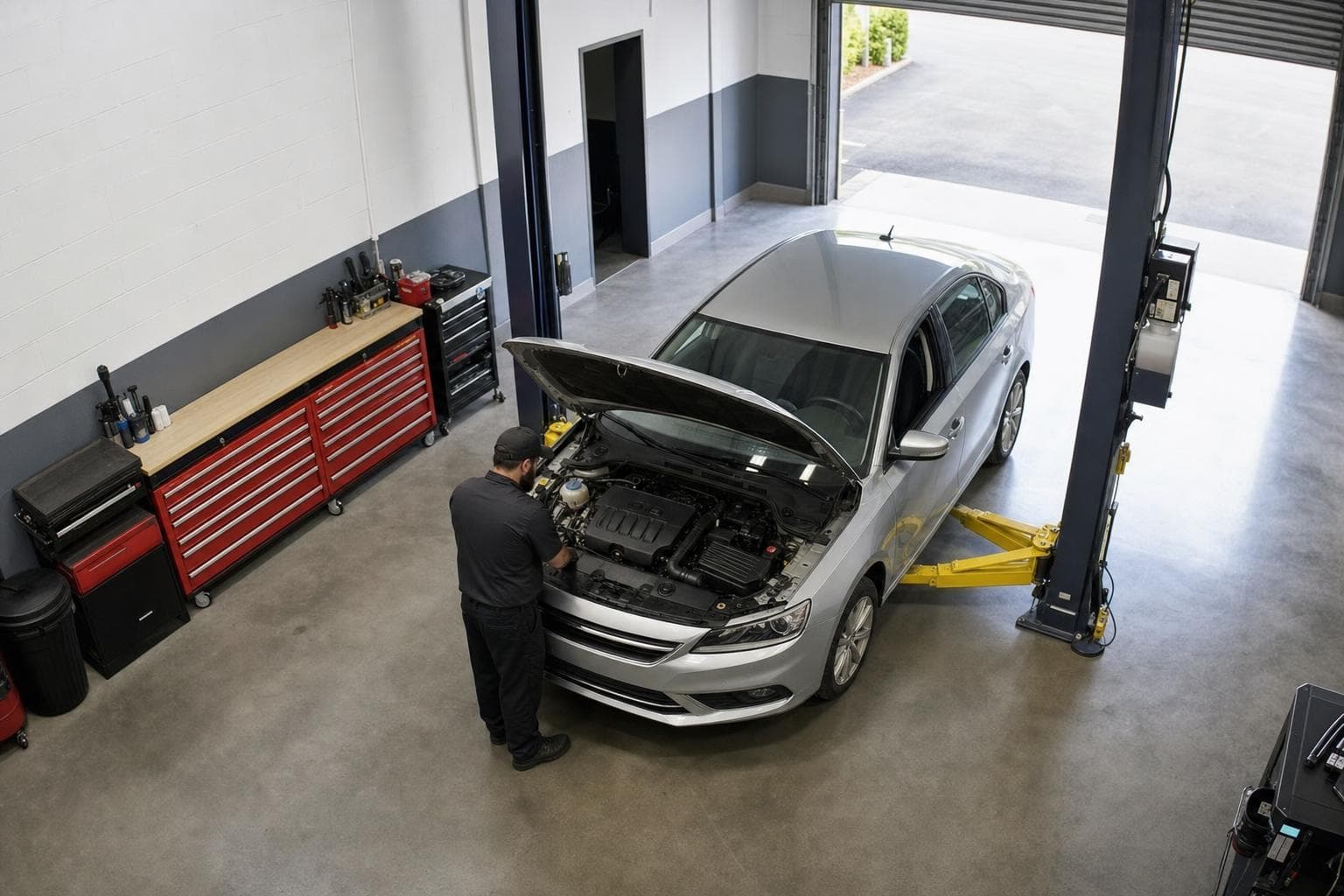 Service bay camera view of a car on a lift with the hood raised