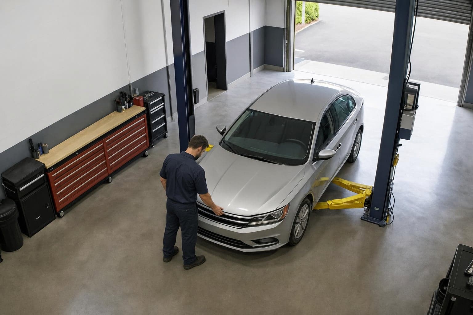 Service bay camera view of a tech in a navy shirt standing at the front of the silver sedan, one hand on the closed hood