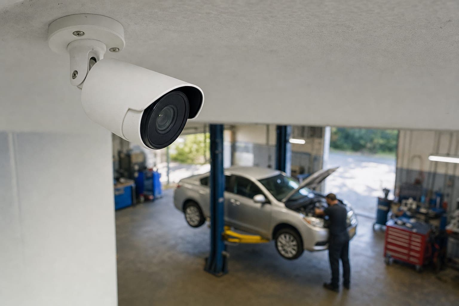 A white ceiling-mounted security camera in front of a service bay where a technician works under a raised hood